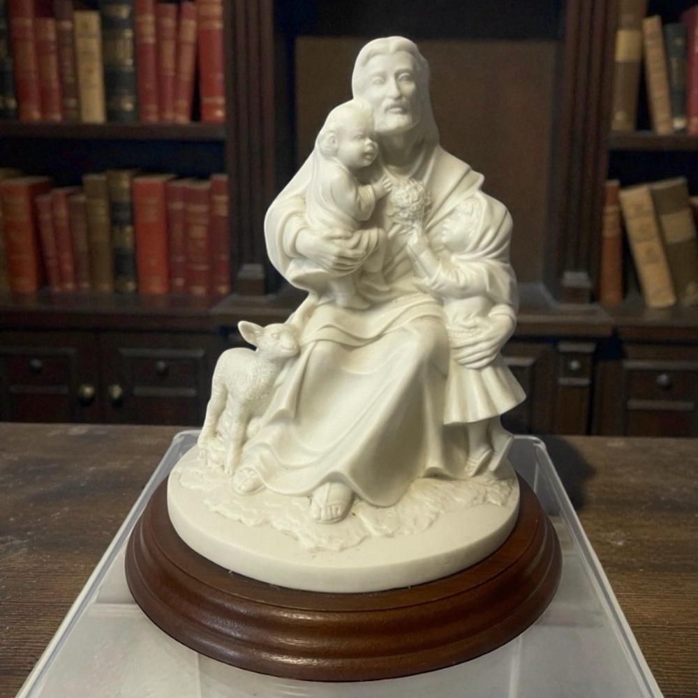 Jesus Religious Ceramic Figurine With Children and a Lamb on a Wooden Stand